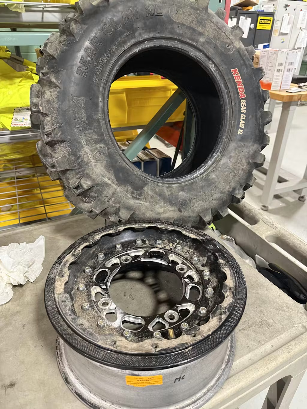 Customer's race wheel and tire dismounted with the BeadBuster XB-450i